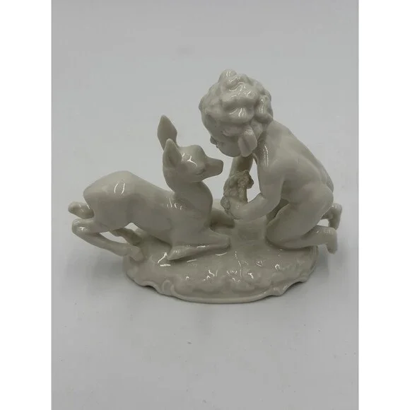 Hutschenreuther Kunstabteilung Putto w/Fawn German Porcelain Figurine Vtg 4”H